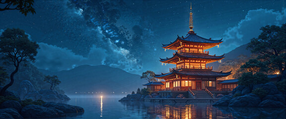 Serene Night Scene Illuminated Pagoda by Calm Lake Under Starry Sky Asian Architecture