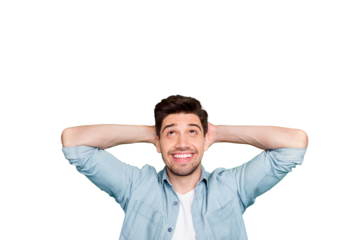 Closeup photo of amazing guy holding hands behind head looking up empty space enjoy beautiful sky view sight wear denim shirt isolated green color background