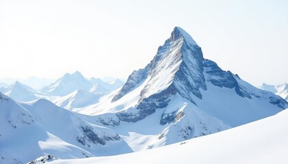 Snow-covered mountain peak, bright white backdrop, untamed, calm