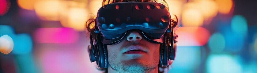 A passionate gamer reacts live in a vibrant, colorful room while wearing a headset, immersed in the gaming experience.