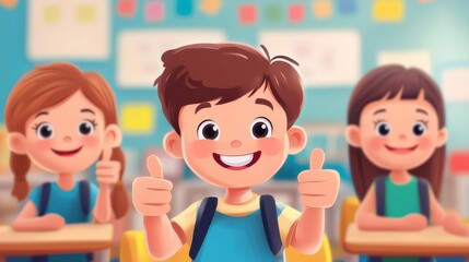 Student, A cartoon of three children in a classroom, one of whom is giving a thumbs up