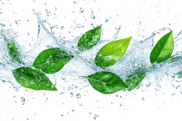 A vibrant display of green leaves amidst a refreshing splash of water on a white background