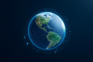 Fototapeta premium Globe, surrounded by blue concentric circles on dark background