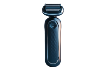 Modern electric shaver with ergonomic design isolated on a transparent background.