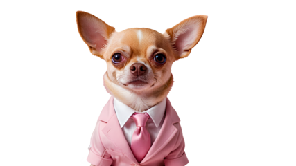 Cute small chihuahua puppy pet dog in pink attire like a dress or shirt with a tie is isolated on white