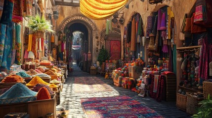 Fototapeta premium Vibrant Arabian Bazaar: A Sun-Drenched Marketplace of Spices and Textiles
