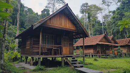 Obraz premium Rustic wooden chalets nestled in a verdant jungle landscape providing a sense of tranquility