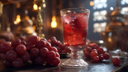 Refreshing red grape juice with ice in elegant glass.