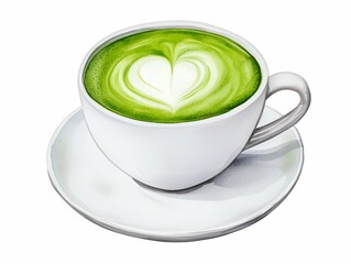 A beautifully crafted matcha latte in a white cup, featuring a heart-shaped foam design, served on a saucer, showcasing a vibrant green color.