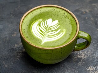 A vibrant green latte art in a ceramic cup, featuring intricate leaf patterns, set against a dark textured background.