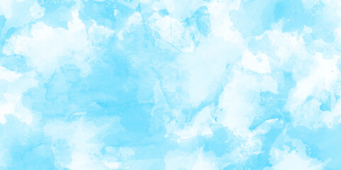 Blue painted watercolor background with watercolor stains, blue marble painting on blue paper texture, ocean blue background with stained and watercolor splashes.