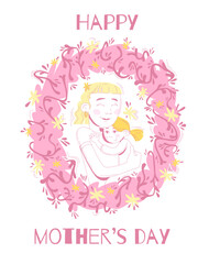 Mother and Daughter Embrace - Pink Floral Frame