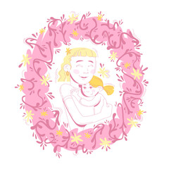 Bright and tender illustration of a mother and child sharing a warm hug, framed by pink and yellow flowers on a white background. Ideal for Mother's Day, parenting blogs, family greeting cards