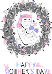 Minimalistic illustration of a mother and daughter embracing, surrounded by grey, pink, and lavender floral elements on a clean white background. Suitable for emotional artwork. Mother's day with text