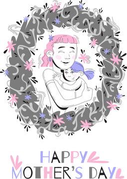 Minimalistic illustration of a mother and daughter embracing, surrounded by grey, pink, and lavender floral elements on a clean white background. Suitable for emotional artwork. Mother's day with text