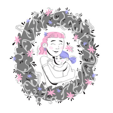 Mother and Child - Grey and Pink Floral Hug Illustration