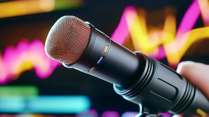 Obraz premium Microphone on stand, held against a vibrant neon waveform background
