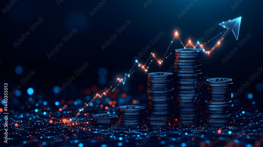 Poster futuristic finance visual depicting crypto growth. digital coins stack alongside a vibrant, rising l