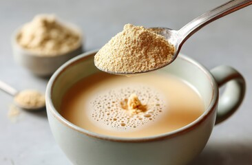 A cup of creamy beverage with a spoonful of powder being added, with more powder in a small bowl in the background.