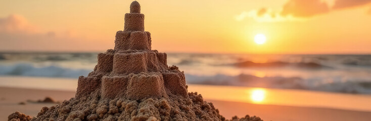 Sandcastle on the beach at sunset.