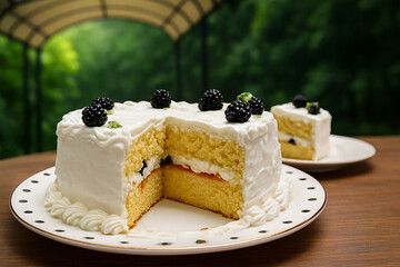 Vanilla Layer Cake with Cream Frosting and Blackberries Outdoors