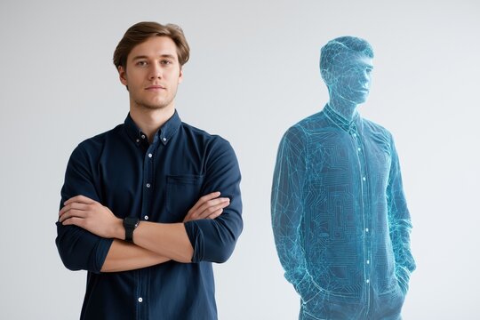 Young caucasian adult male with digital hologram reflection.