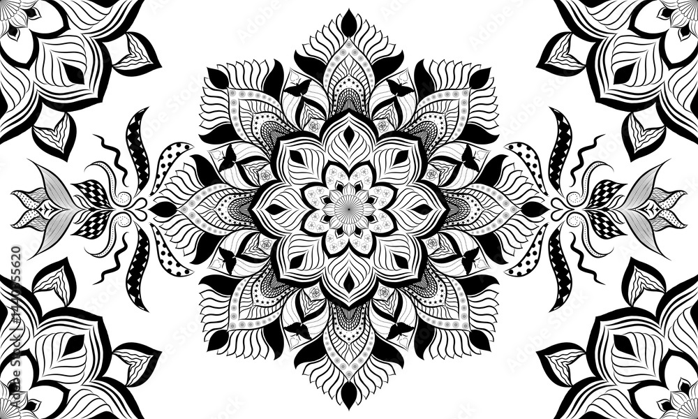Poster this is a black and white seamless floral pattern vector design with ornate flower and swirl element