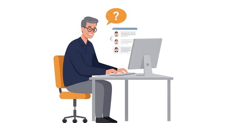 Man Using Computer Thinking with Question Online