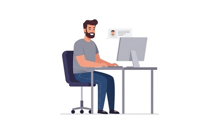 Man Using Computer at Desk with Message Bubble Illustration
