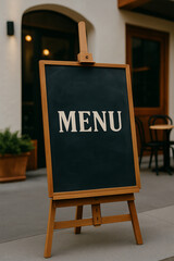 Blank Wooden Menu Board Outside Cozy Cafe