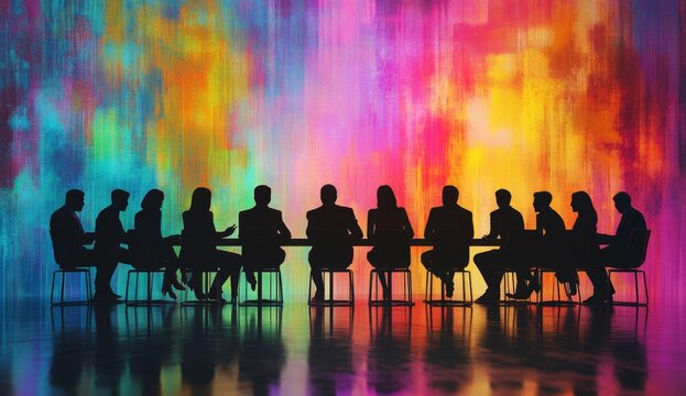 Silhouettes of people seated at a conference table against a colorful background