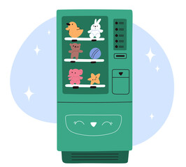 Vending machines with children toys. Electronic sale devices Kids balls and plush animals. Automatic retail equipment. Automated merchandise appliance. Vector shopping dispenser object