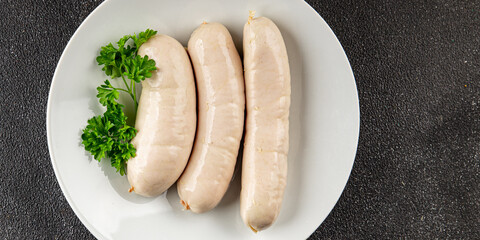 White sausage meat dish fresh bratwurst sausage dish fresh delicious gourmet food background on the...