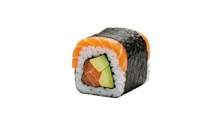 Single piece of salmon and avocado sushi roll displayed against a transparent background, isolated.