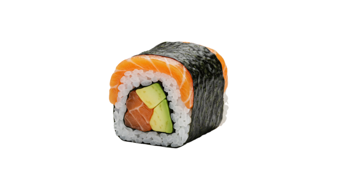 Single piece of salmon and avocado sushi roll displayed against a transparent background, isolated.