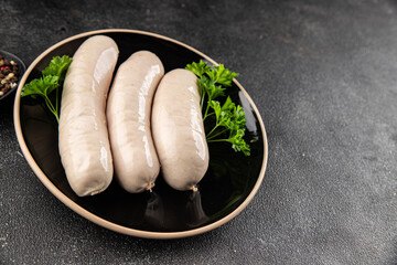 White sausage meat dish fresh bratwurst sausage dish fresh delicious gourmet food background on the...