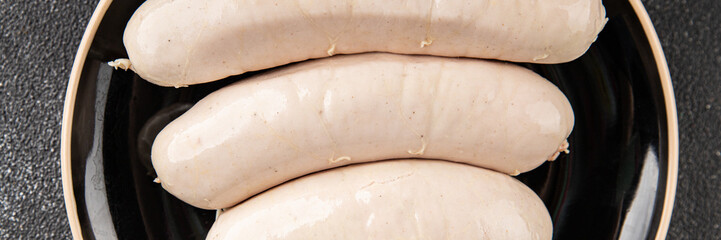 White sausage meat dish fresh bratwurst sausage dish fresh delicious gourmet food background on the table rustic food top view copy space