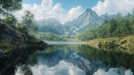 Fototapeta premium Mountain lake reflection, realistic, cinematic light, sharp focus.