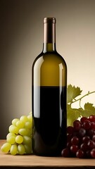 Obraz premium Elegant wine bottle with grapes and vine leaves on wooden table