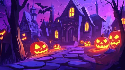 Halloween night scene with spooky houses, bats, and glowing jack o' lanterns. Festive, scary, and fun Halloween illustration.