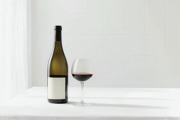Red wine bottle and glass on white table