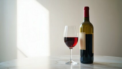 Red wine bottle and glass on marble table with soft sunlight