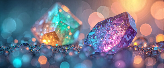 Sparkling Gemstones with Water Droplets Vibrant Colors Bokeh Background