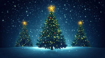 Three Christmas trees with star toppers and ornaments stand in a snowy landscape under a starry night sky. Festive holiday scene.