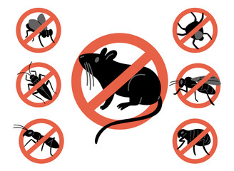 Prohibition sign against insects. Pests extermination. Harmful animals. Cockroaches repellent. Stop flies or mites. Wasps and mice forbidden pictogram. Crossed circle icons vector set