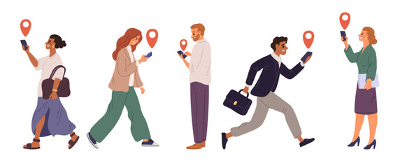 People use mobile navigators to find where they want. Walking man and woman. Traffic pin. GPS navigation. Persons with smartphone. Location icon. Search path. Vector pedestrians set