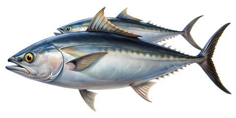 Fototapeta premium Illustration of Two Magnificent Yellowfin Tuna Fish Swimming Together in the Ocean