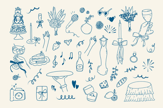 Set of line art wedding whimsical icon isolated. Coquette trendy hand drawn valentine doodle sketch. Vintage amore angel quirky bow, party menu, dinner card. Vector outline illustration