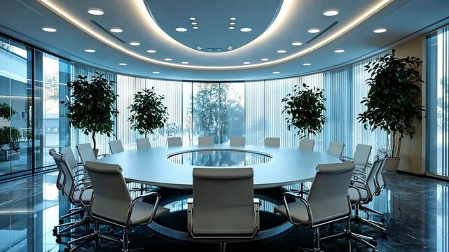 Modern conference room with circular table, large windows, and greenery in a corporate setting
