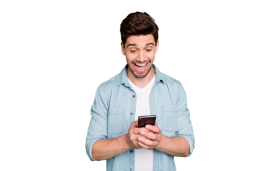 Photo of amazing guy holding telephone read new cool instagram post comments overjoyed positive reviews wear denim shirt isolated green color background